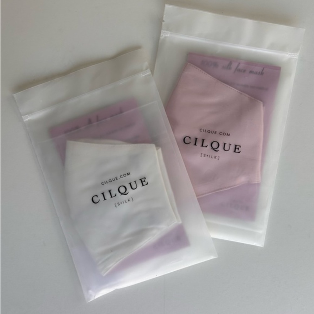 NWT CILQUE 100% Silk Plush Face Masks, Pink & Light Cream